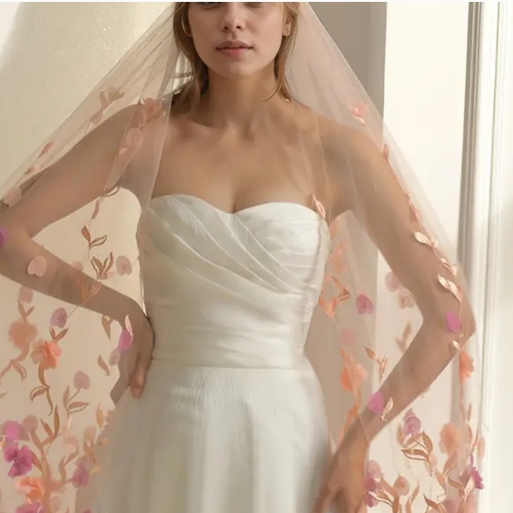 Vibrant 3-D Colorful Veil In Peachy Orange And Pink.